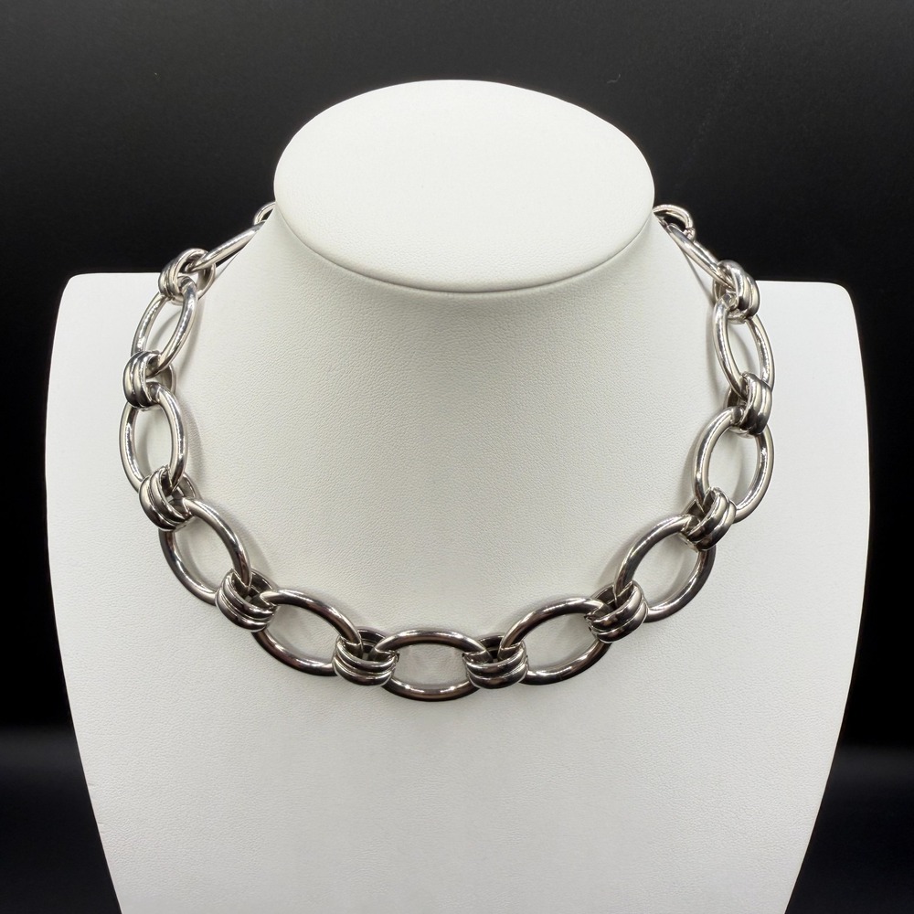 Silver Tone Chunky Oval Link Chain Necklace Statement Vintage Retro Bold Jewelry